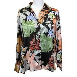 Zara black/green floral satin tunic, extra small, flowy, bohemian, colorful